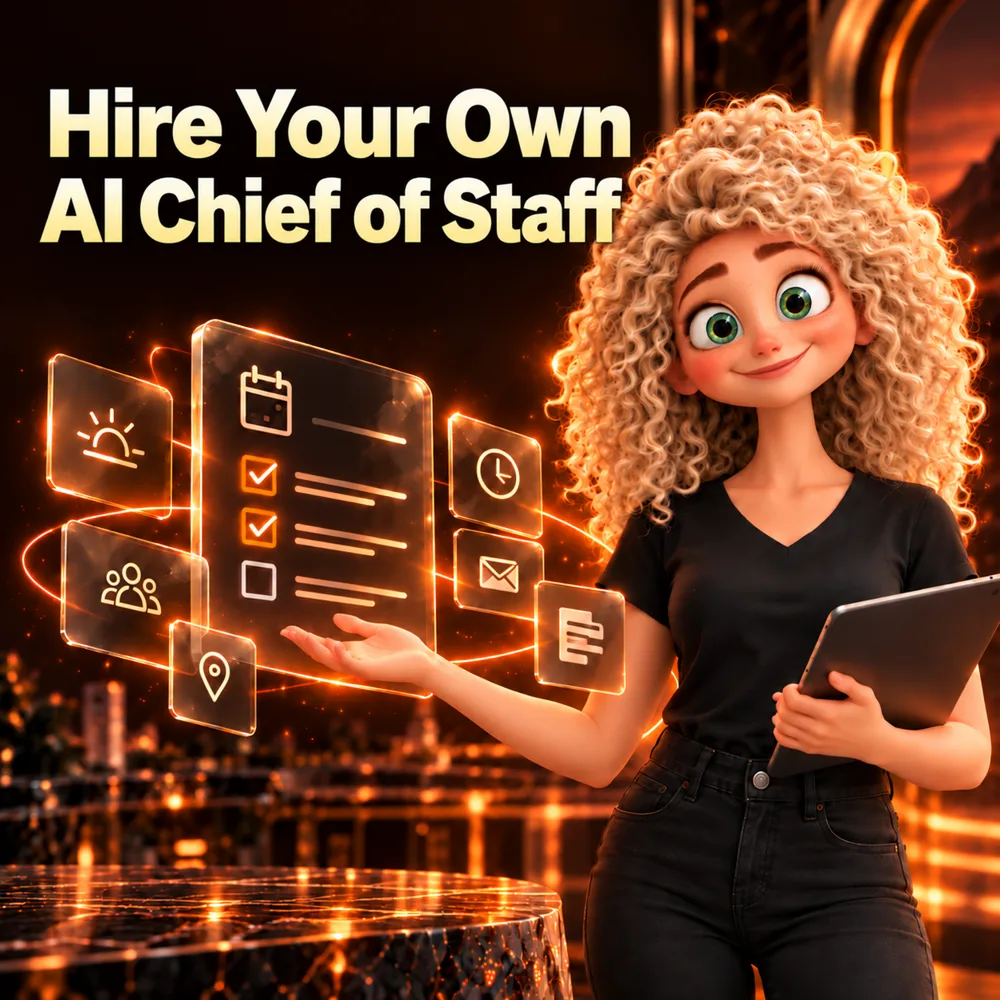 Sondra beside her glowing day plan: Hire Your Own AI Chief of Staff