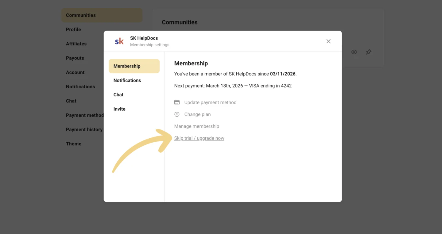 Membership settings with Skip trial / upgrade now